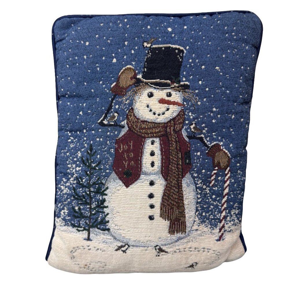 Vtg Jennings Heritage Lace Snowman Tapestry Decorative Pillow Winter Scene Blue